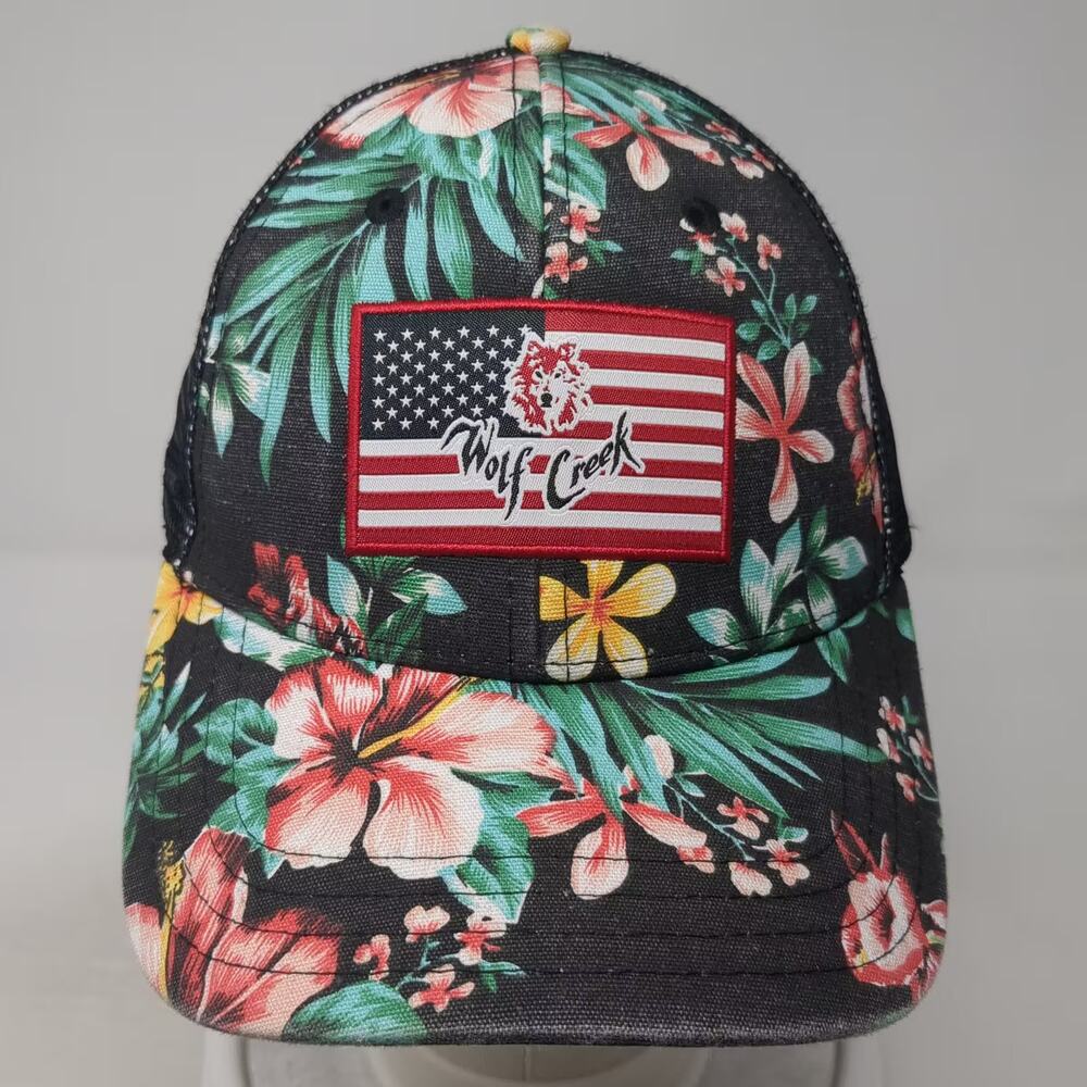 Pukka Wolf Creek US Flag Wolf Trucker Hat Black Red Floral Mesh Snapback OSFM - Picture 2 of 9